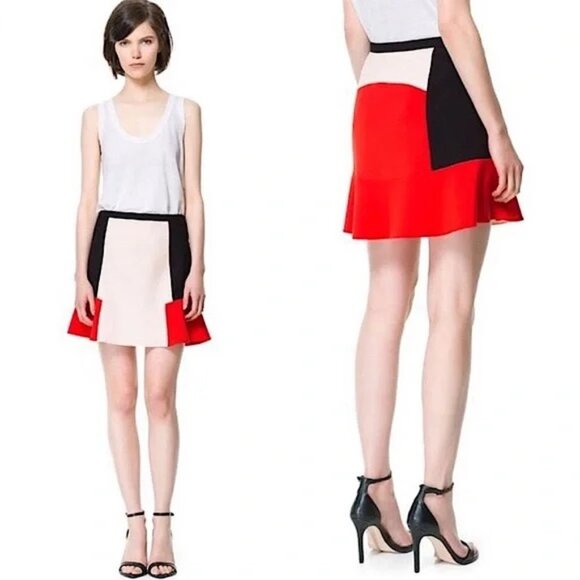 ZARA Mini Flare Color Block Skirt in Red, Pink, and Black SZ XS - Picture 1 of 9